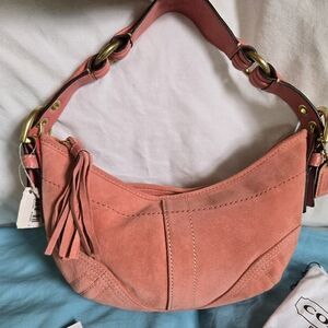 COACH Suede Leather Hand Bag Shoulder Bag Hobo Coral Pink Medium Soho Vintage